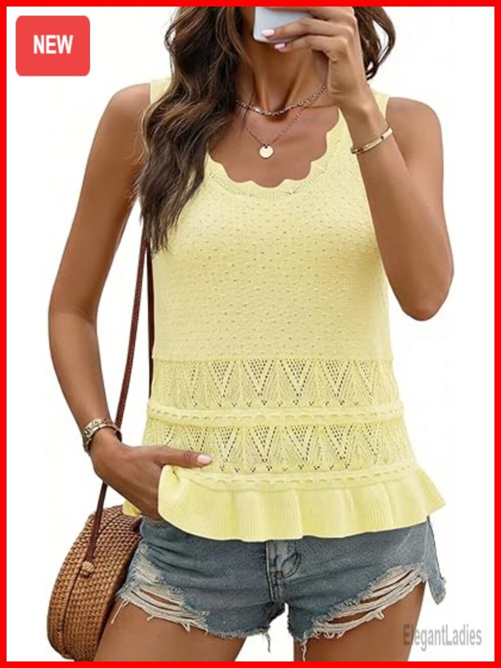Crochet Tank Top Sleeveless Knit Sweater Vest Crew Neck Ruffle Crop Pullover Top